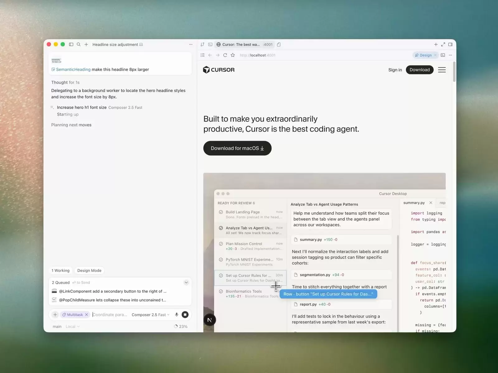 Cursor Agent 左侧显示正在定位标题样式并启动后台任务，右侧保留运行中的页面