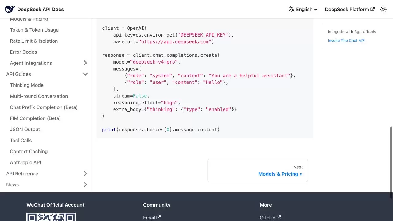DeepSeek API 官方 Python 示例显示 deepseek-v4-pro 请求参数、消息数组、思考配置和输出读取语句