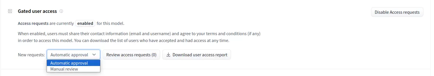 受限访问已启用，New requests 下拉菜单显示 Automatic approval 和 Manual review