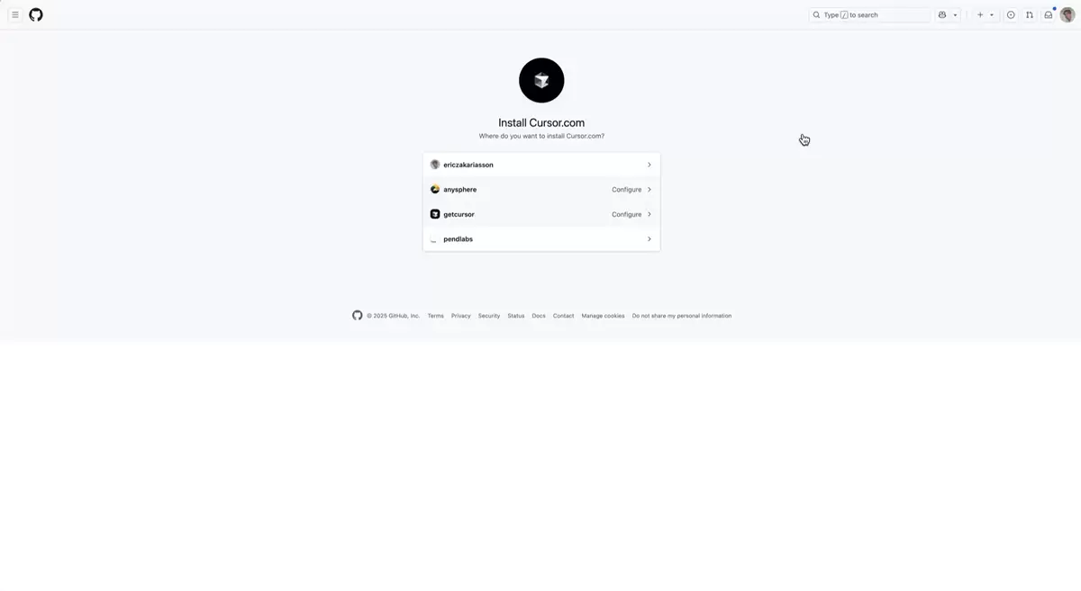 GitHub 安装 Cursor.com 应用时选择个人账号或组织的页面