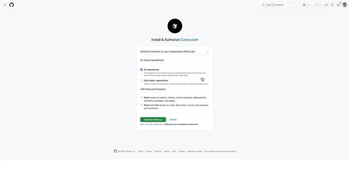 GitHub Install and Authorize 页面中的全部仓库与指定仓库选项