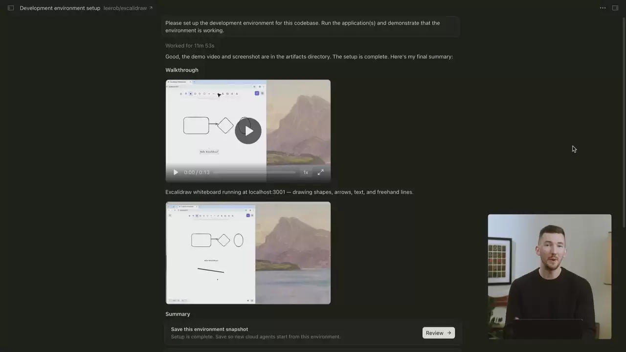 Cursor Cloud Agent 完成环境设置后显示演示产物与 Save this environment snapshot