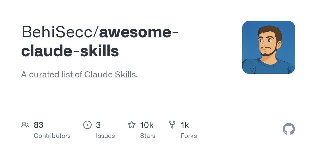 GitHub 生成的 BehiSecc awesome-claude-skills 仓库预览图,显示社区项目名称与简介