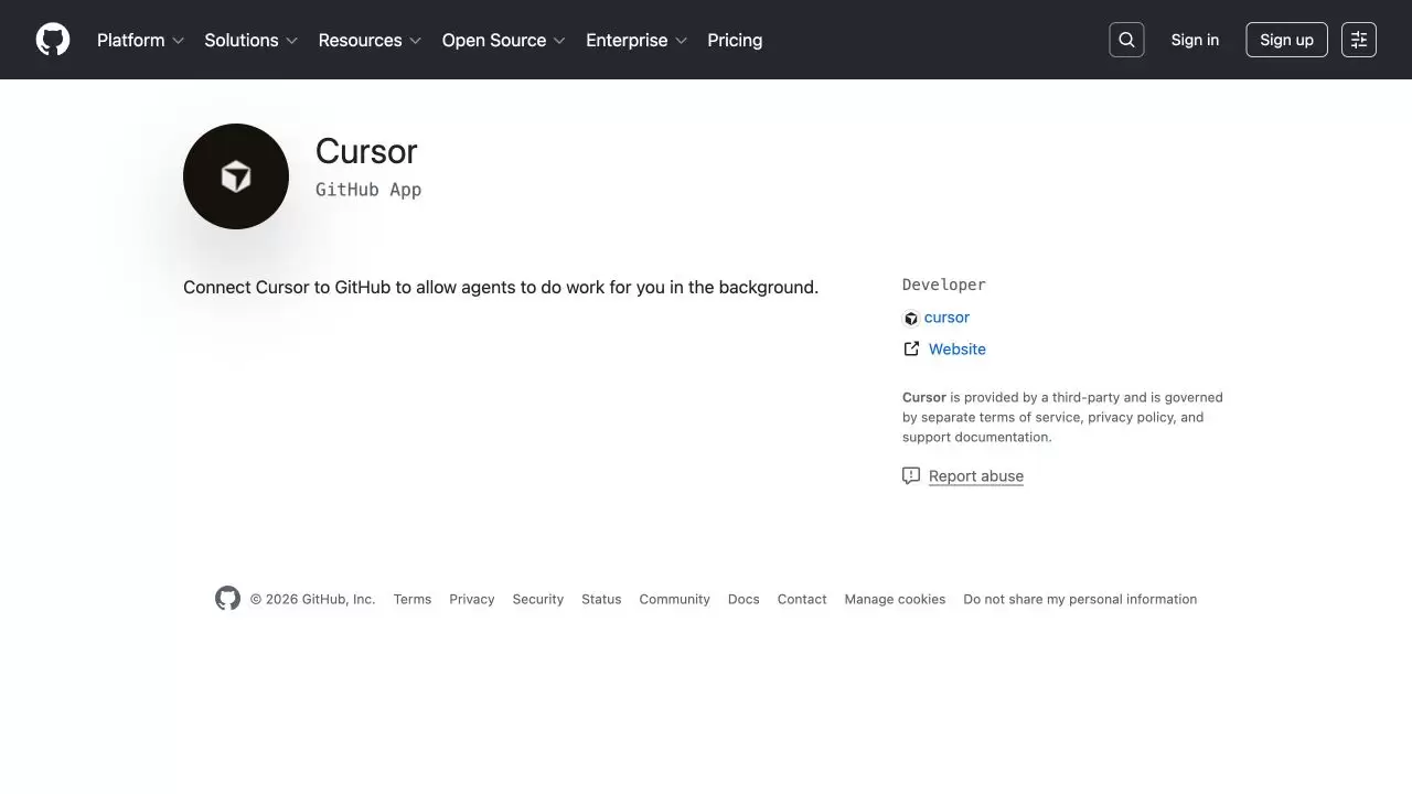 GitHub Apps 页面显示 Cursor 应用名称、GitHub App 类型和 Cursor 开发者身份
