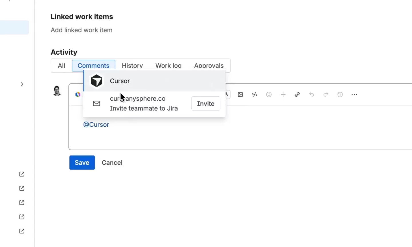 Jira 评论输入框输入 @Cursor 后出现 Cursor 提及候选项