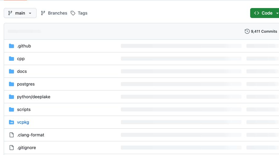 Deep Lake 官方仓库展示 postgres、python/deeplake、cpp 与 docs 目录