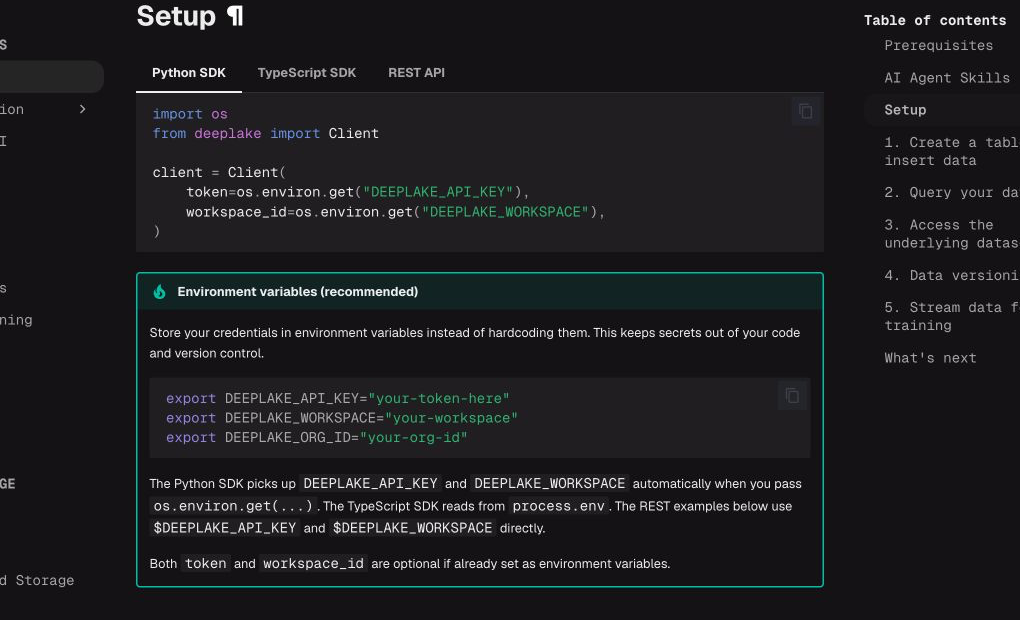 Deep Lake 快速入门展示 Python Client、环境变量与数据版本及训练入口