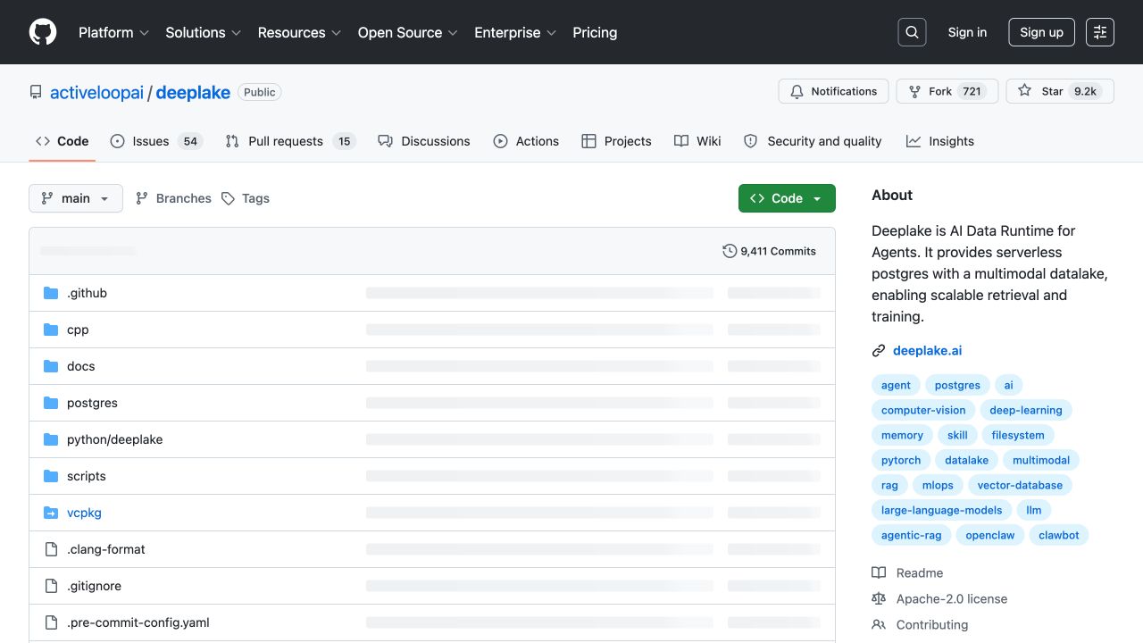 Activeloop 官方 Deep Lake GitHub 仓库页面