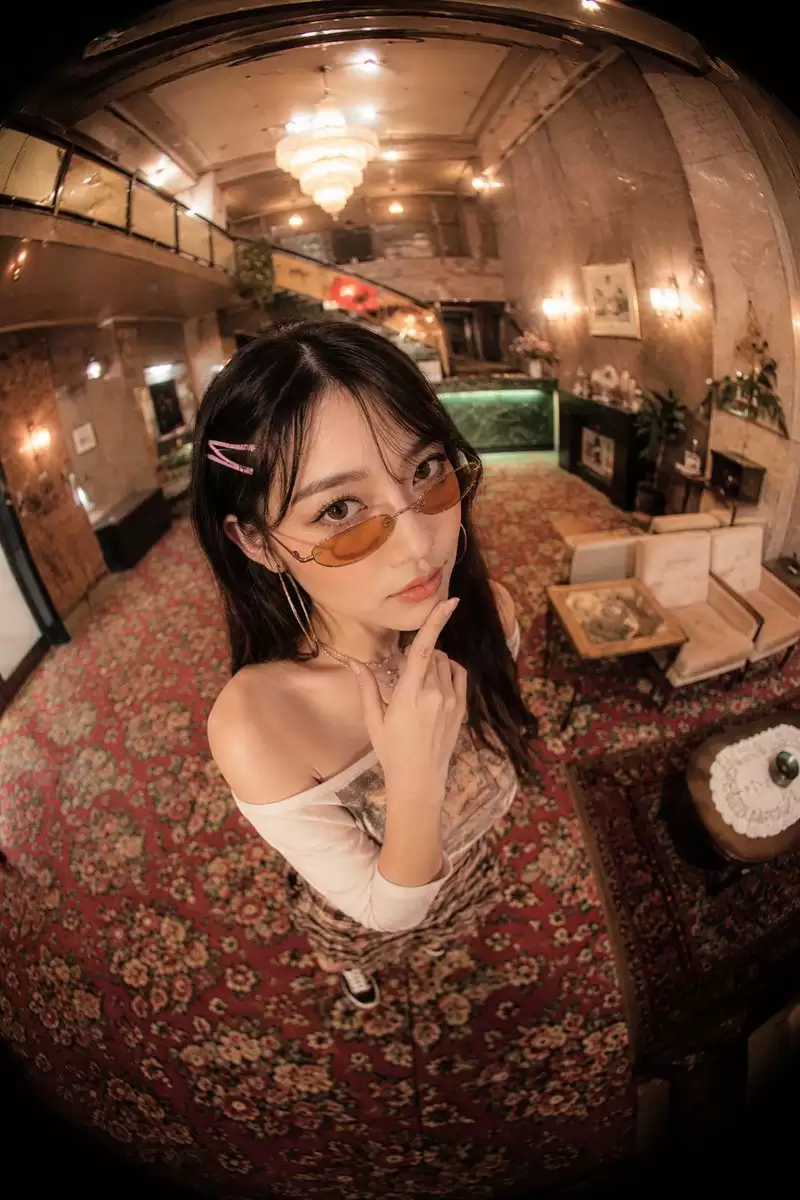 鱼眼镜头复古酒店大堂人像