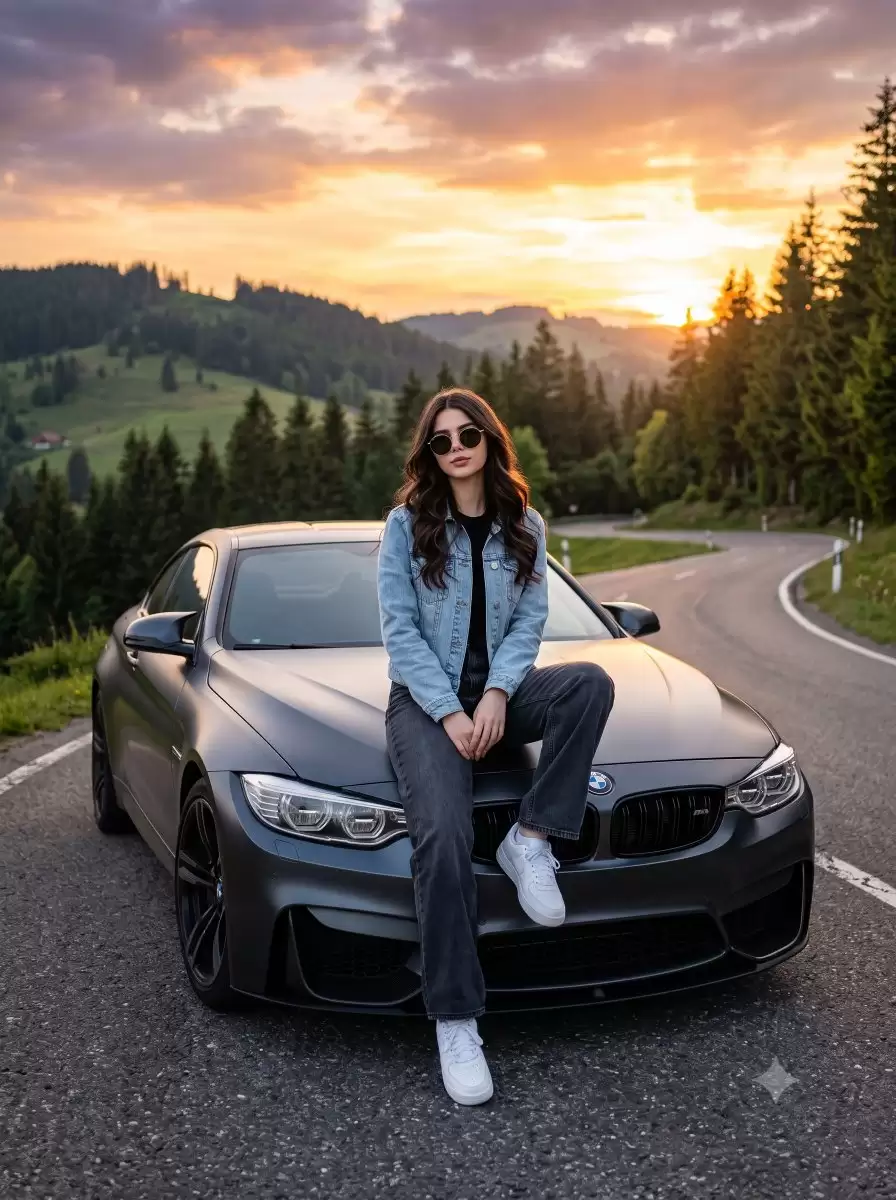 电影画面女性与 BMW 肖像
