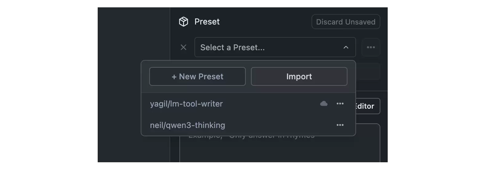 LM Studio Preset 下拉菜单中的 New Preset、Import 按钮和现有预设列表