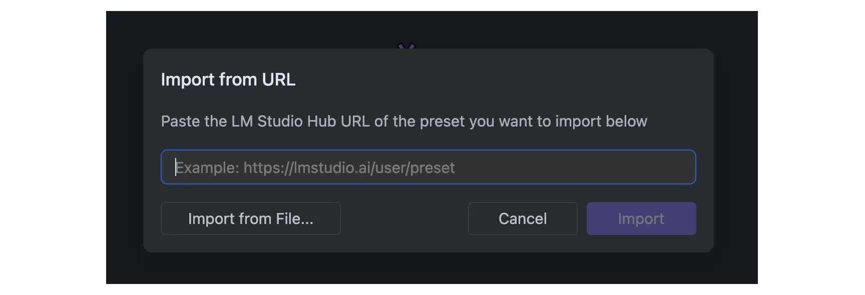 LM Studio Import from URL 对话框，显示 Hub 预设地址输入框和 Import 按钮
