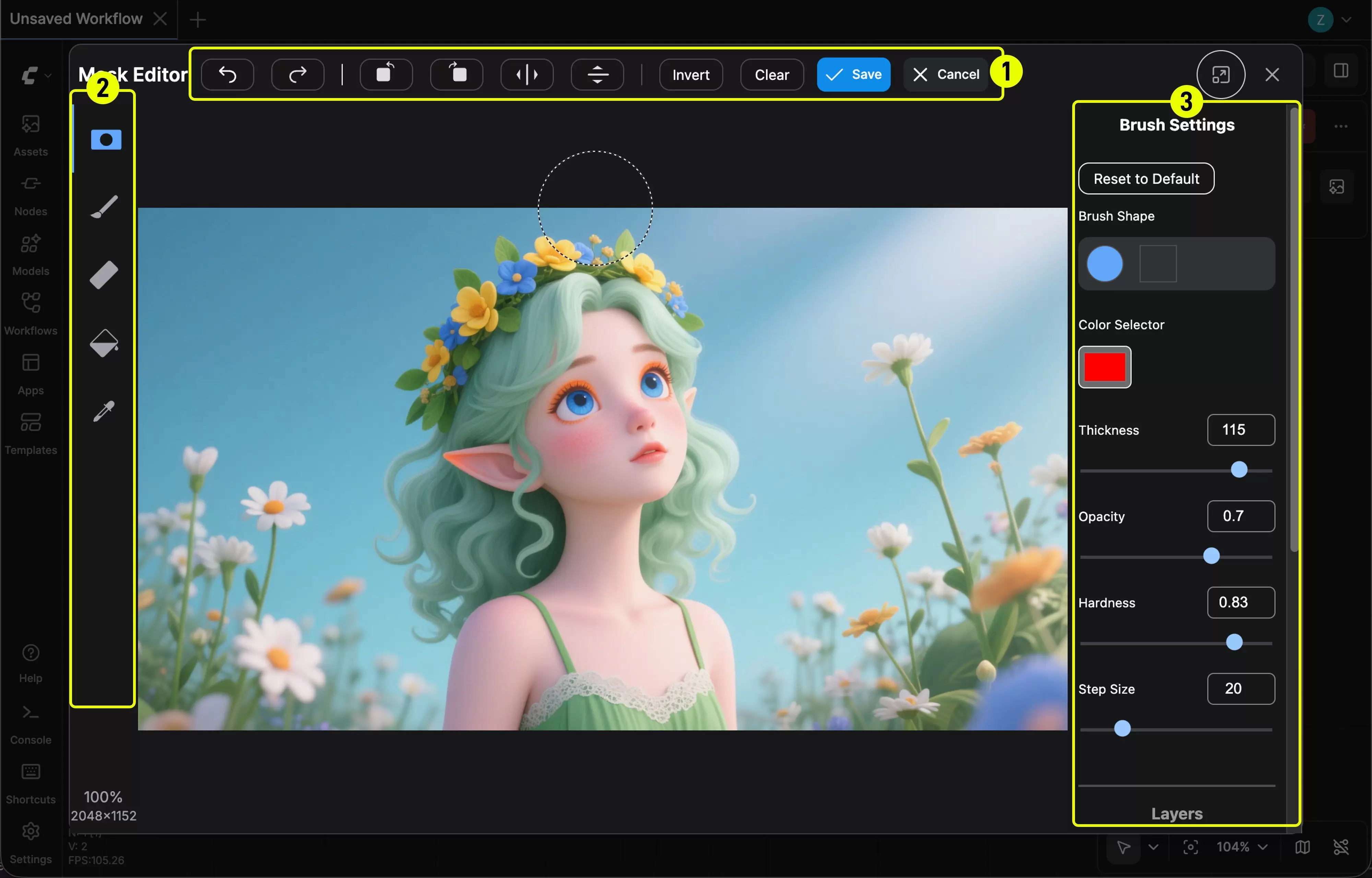 ComfyUI Mask Editor 主界面中的顶部操作栏、左侧工具栏和右侧设置面板