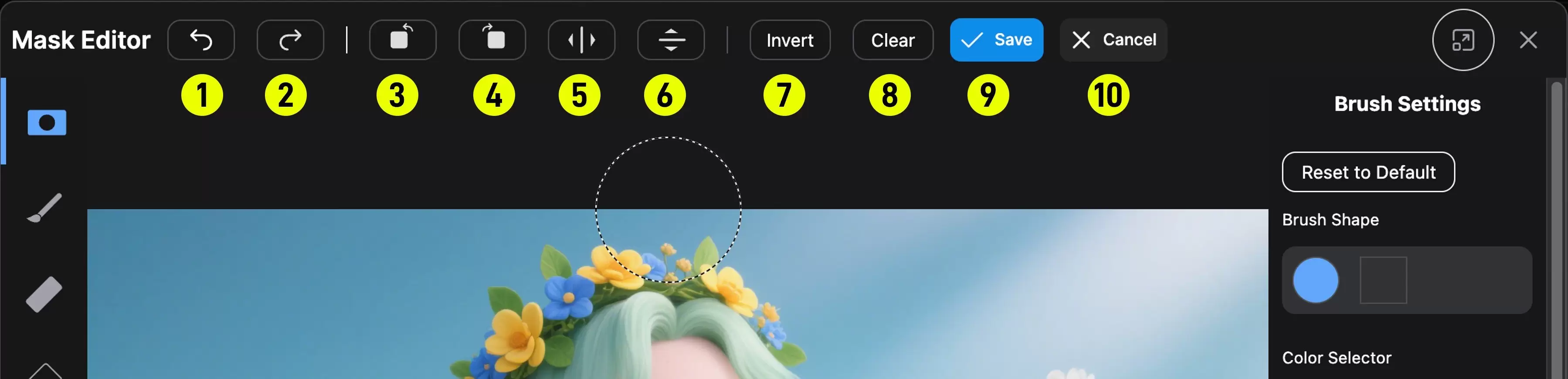 ComfyUI Mask Editor 顶部栏中的撤销、变换、反转、清空、保存和取消按钮