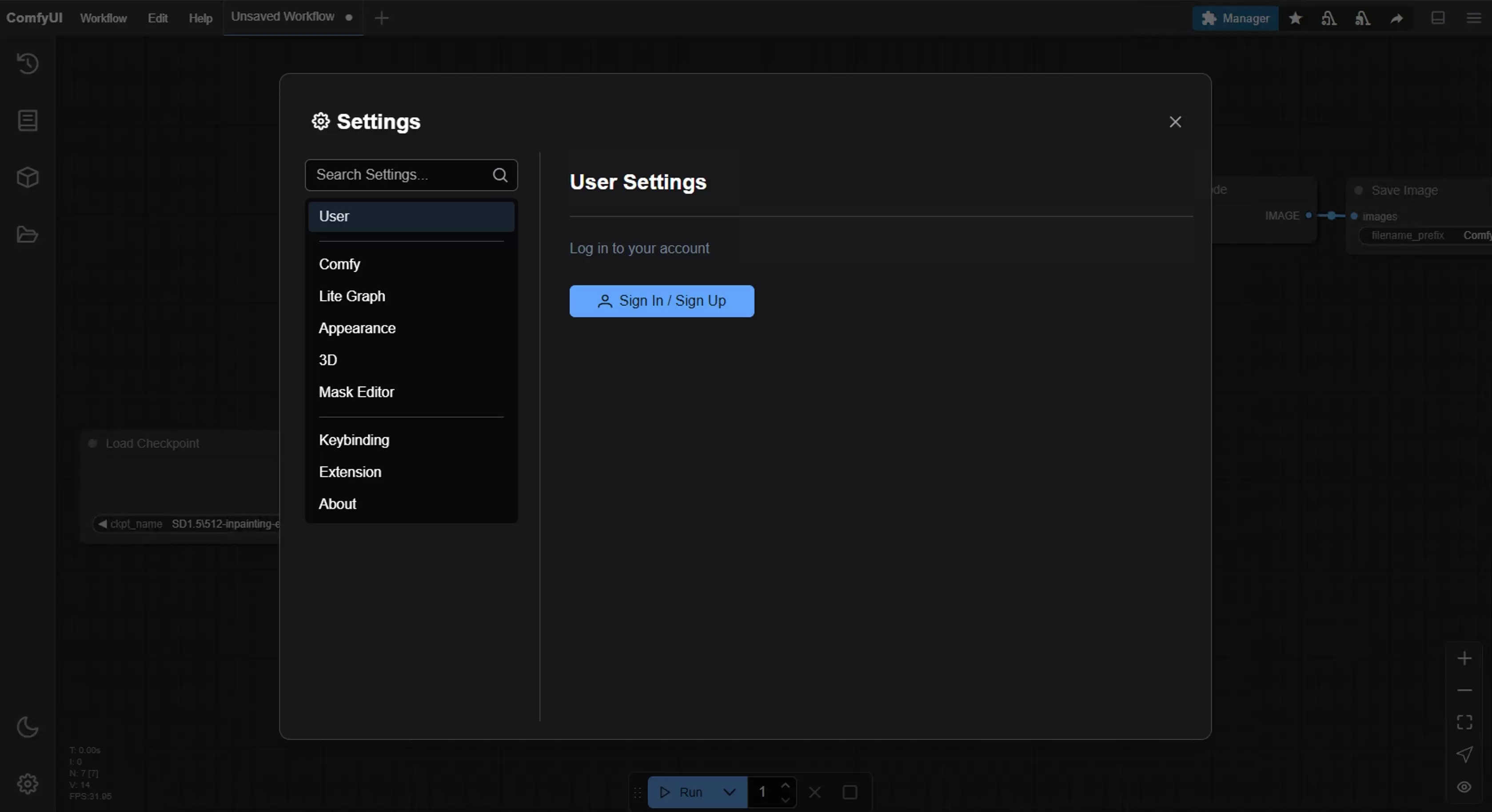 ComfyUI 设置窗口的 User Settings 页面与 Sign In / Sign Up 按钮