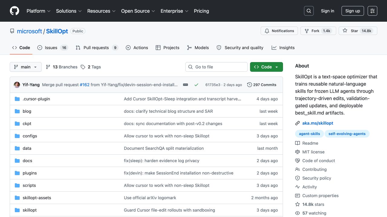 微软 SkillOpt GitHub 仓库首页,页面显示 configs、docs、plugins、scripts 和 skillopt 等目录