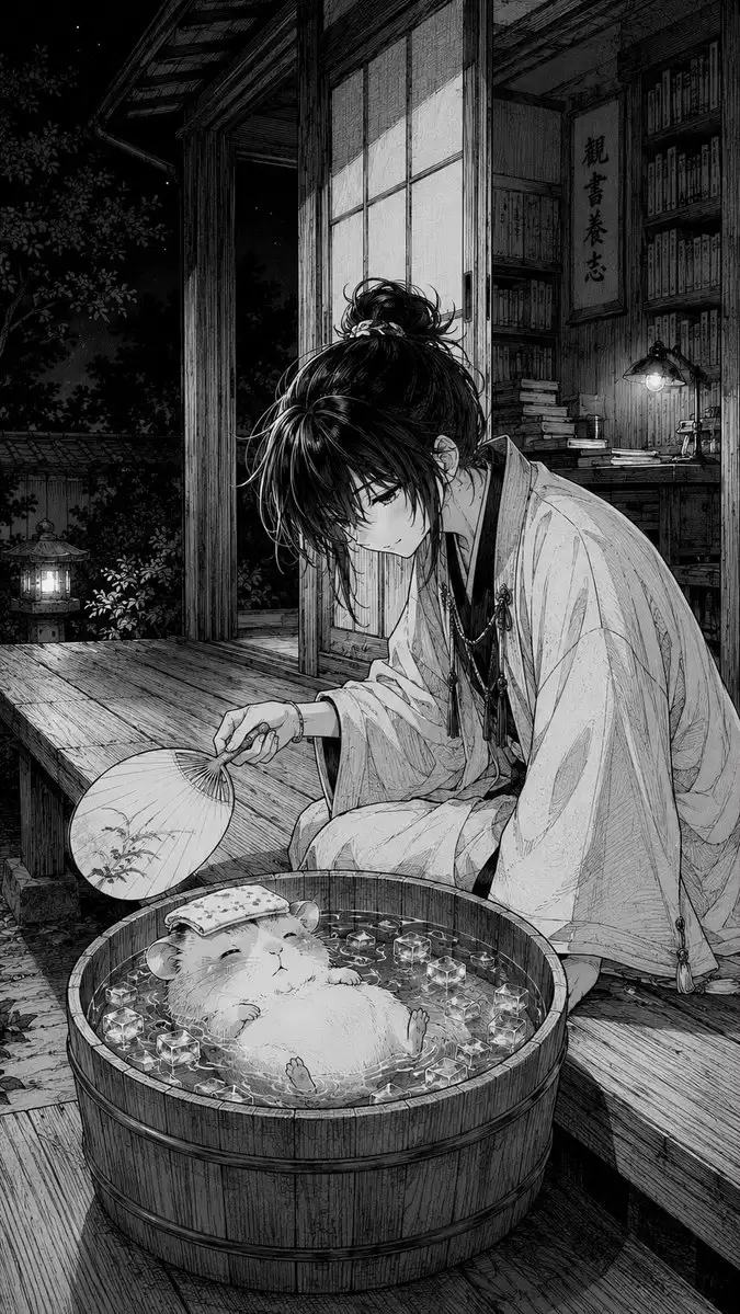 漫画风格：仓鼠阳台冰浴