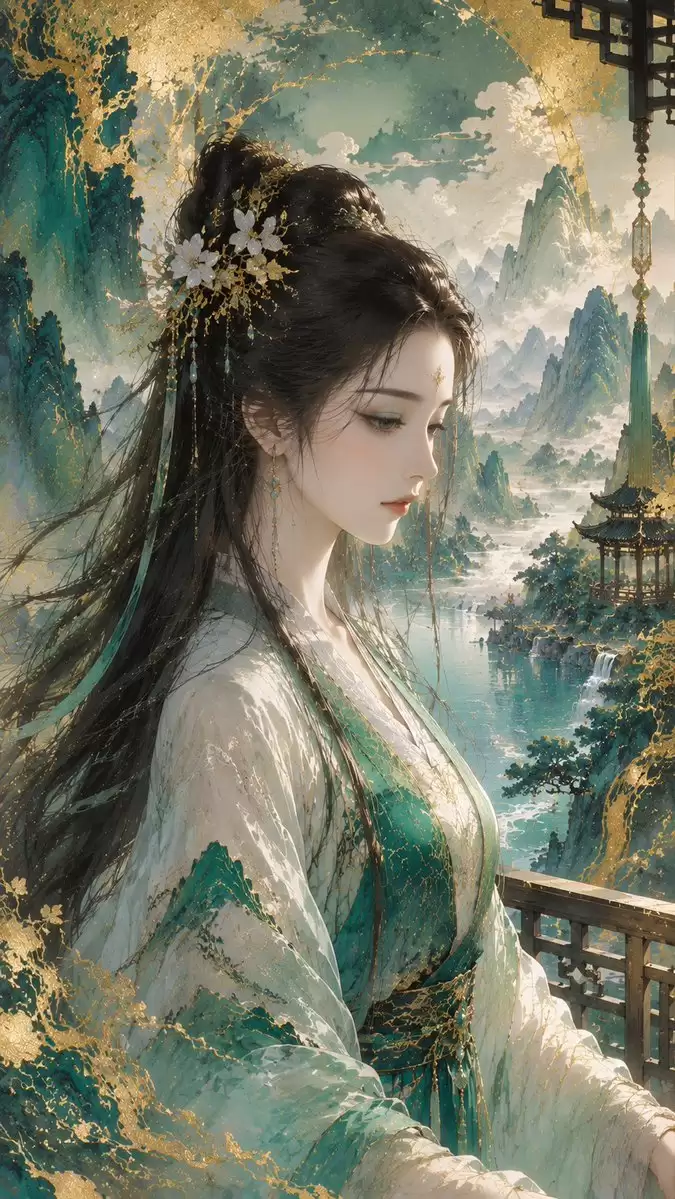 金箔矿物颜料风格的东方插画