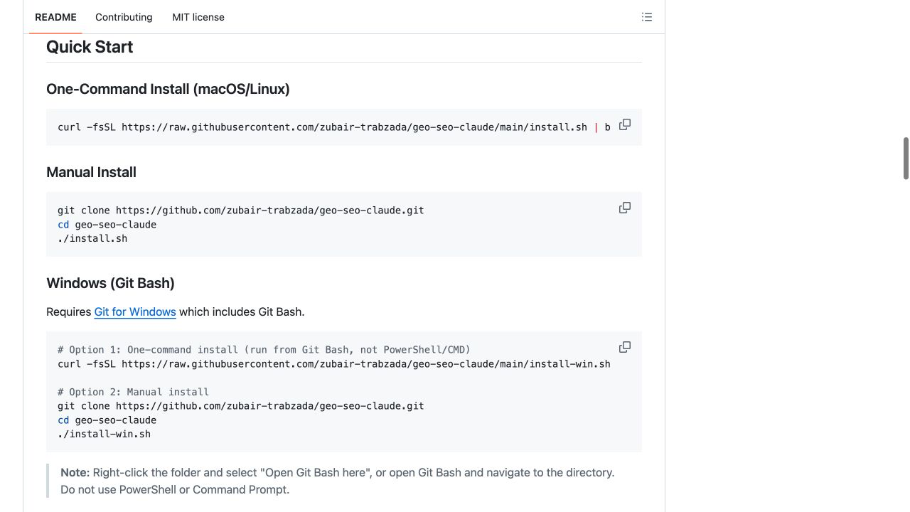 官方 README 的 Quick Start 区域，列出 macOS、Linux 和 Windows 安装命令