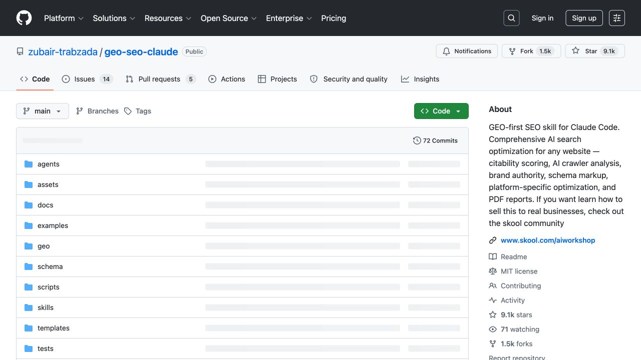 geo-seo-claude 的 GitHub 仓库首页，可见项目目录、公开仓库标识和功能简介