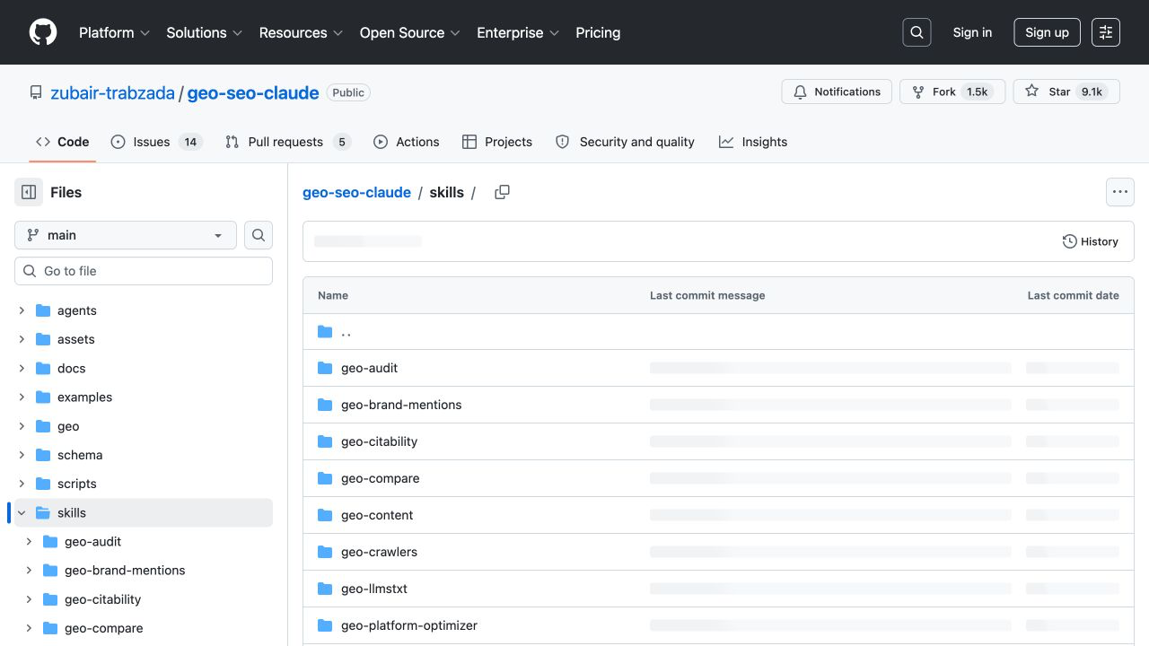 GitHub skills 目录，可见多个 geo 专项 Skill 文件夹