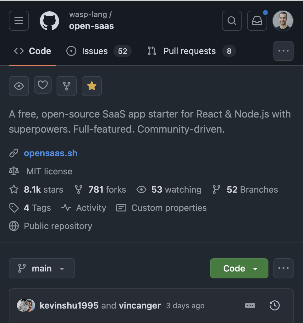 open-saas 官方 GitHub 仓库页面