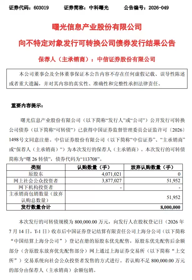 中科曙光 曙26转债 发行完成 主承销商包销比例0.65%