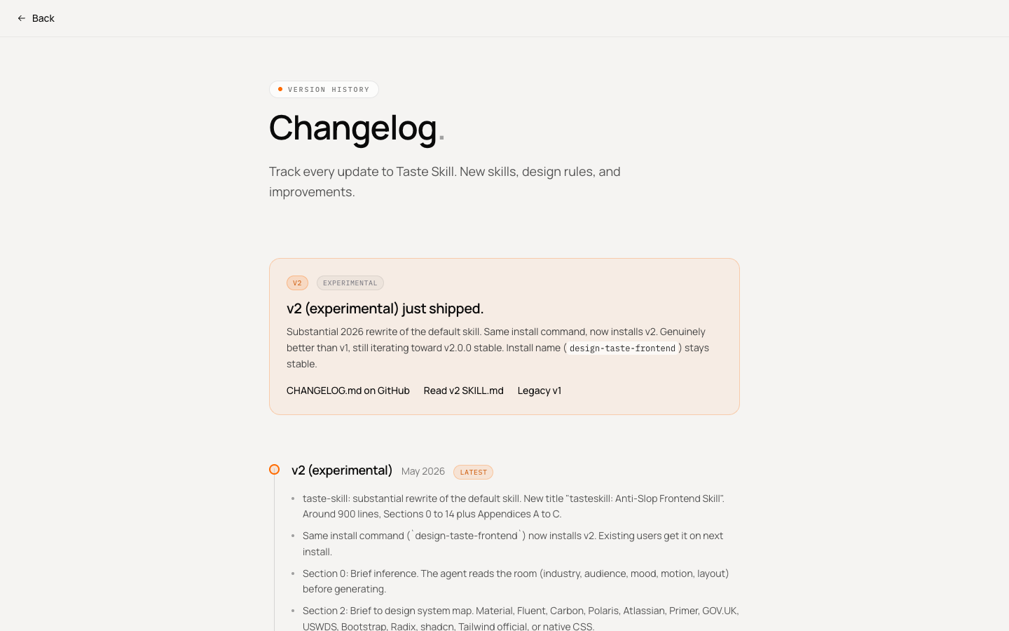 Taste Skill Changelog 页面，展示 v2 experimental 更新说明和 Brief inference 条目