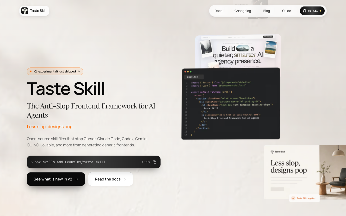Taste Skill 官网 v2 新功能区域，展示 brief、design system 和 redesign 相关说明