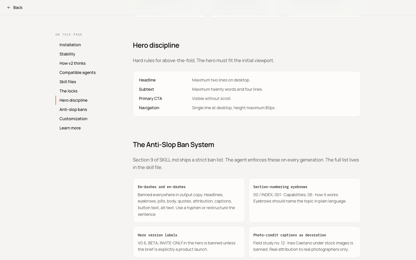 Taste Skill Docs 的 Anti-Slop Ban System 区域,展示 hero discipline 和禁用规则卡片