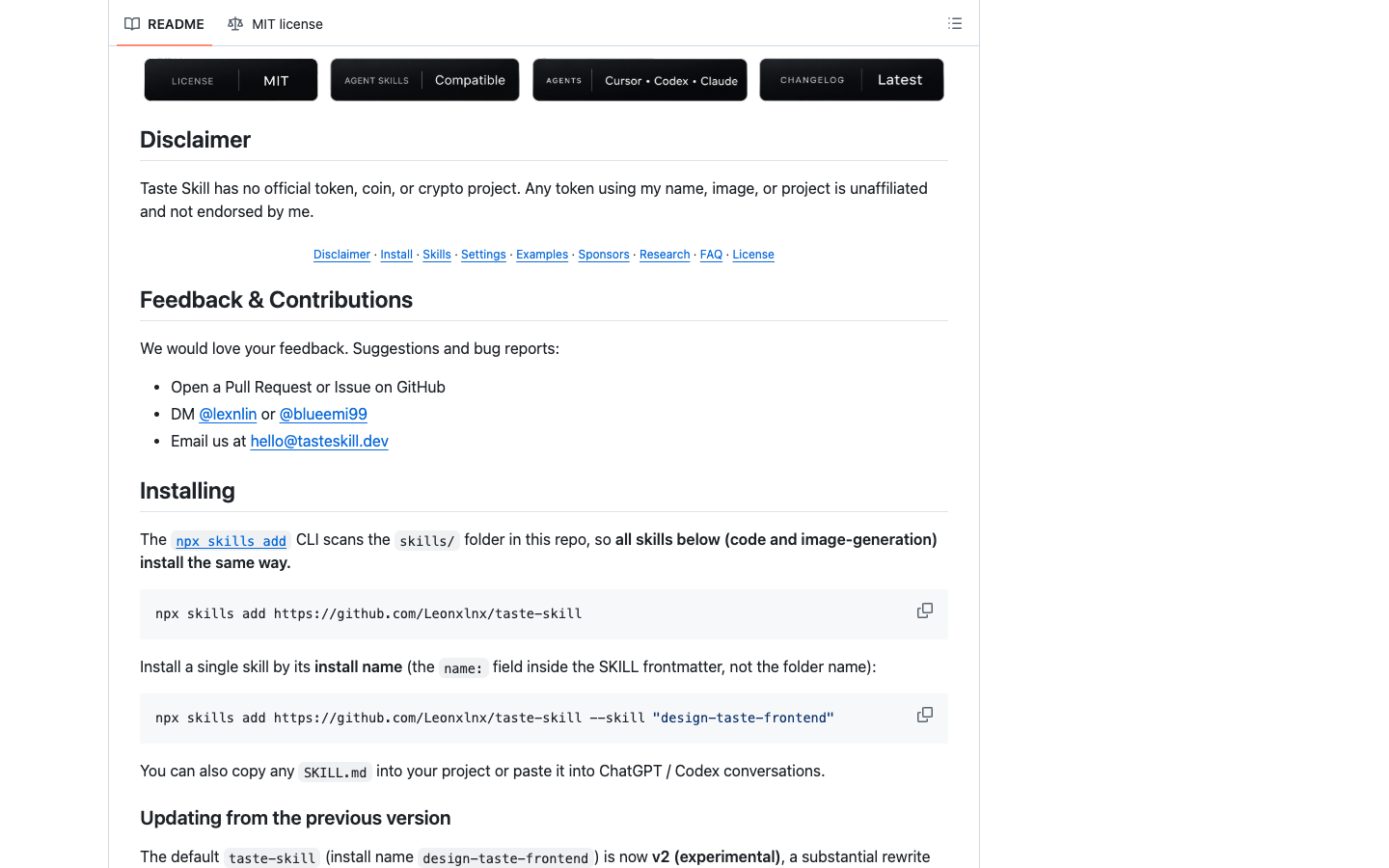Taste Skill README skills 表格展示 design-taste-frontend、gpt-taste、image-to-code、redesign-existing-projects 等安装名