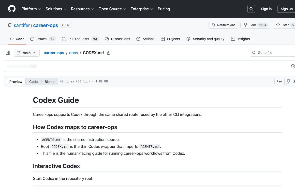 career-ops CODEX.md Interactive Codex 说明截图