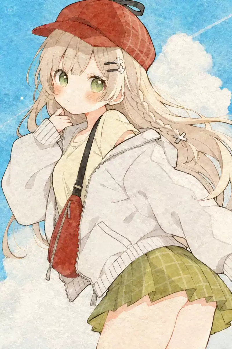 夏日天空下的动漫水彩少女