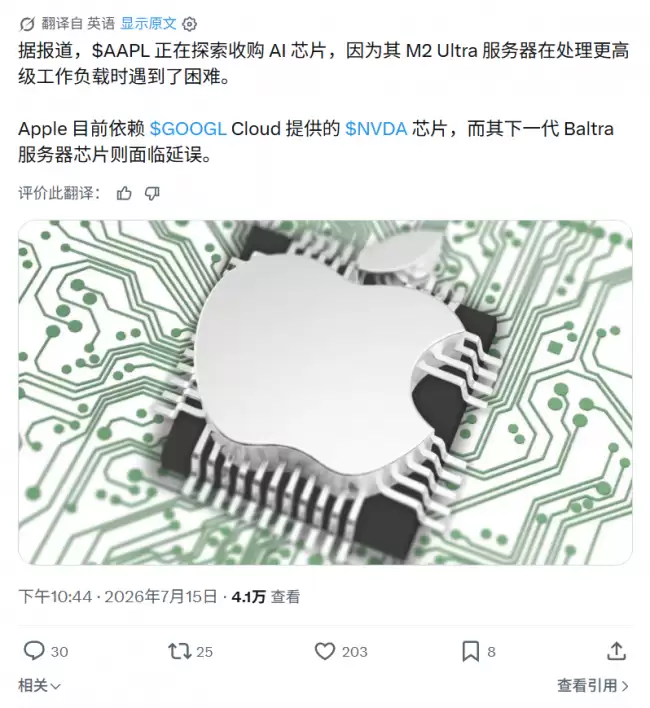 传苹果自研 AI 服务器 Baltra 芯片开发受阻 可能无法按时发布