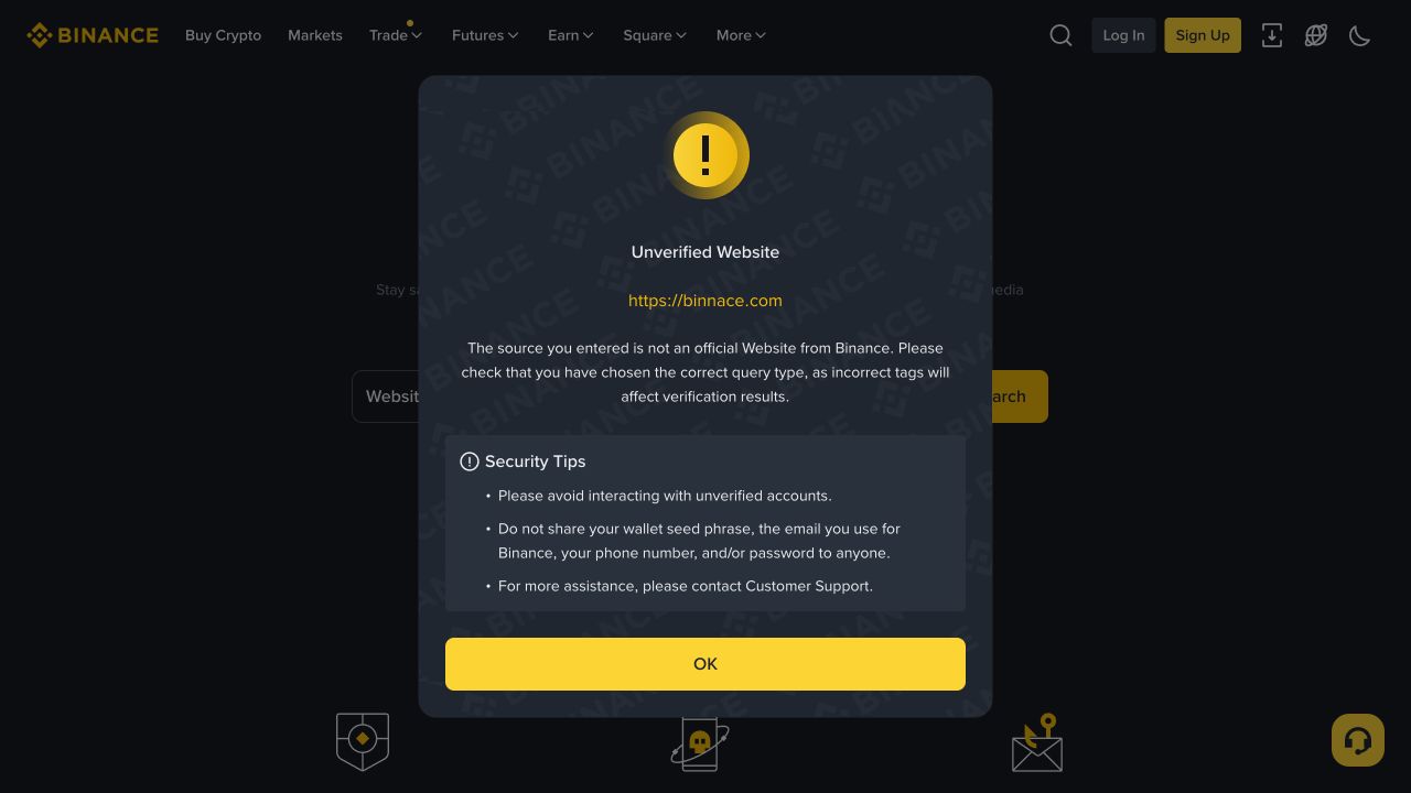 Binance Verify 对 https://binnace.com 的核验弹窗，结果为 Unverified Website，并提示该来源不是币安官方网站