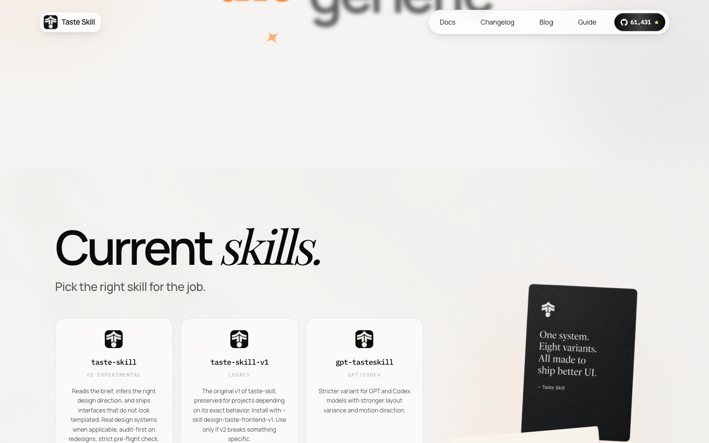 Taste Skill 官网 Current skills 区域展示 taste-skill、gpt-tasteskill、image-to-code、redesign 等技能卡片