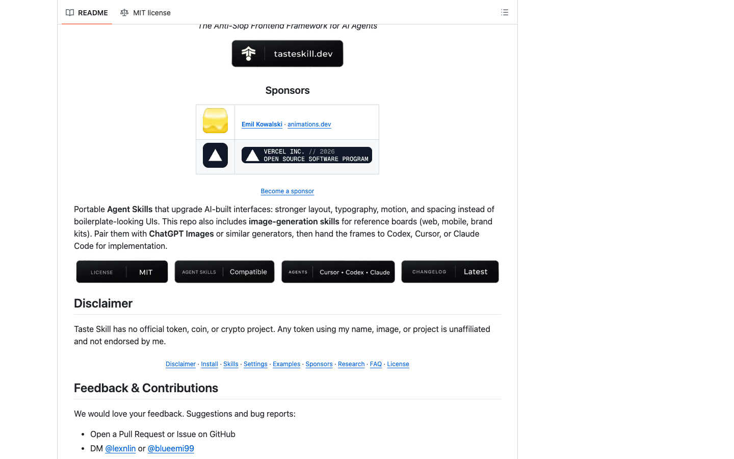 Taste Skill GitHub README 安装段展示 npx skills add 命令和 design-taste-frontend 单技能安装命令