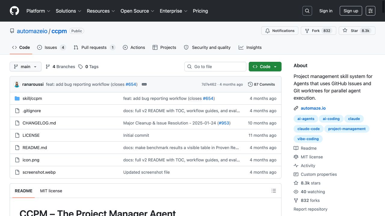 ccpm 官方 README 的 Workflow Phases 页面，展示 Plan、Structure、Sync、Execute 与 Track 的推进方式