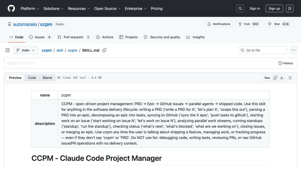 automazeio ccpm 仓库中的 SKILL.md 页面,左侧可见 plan、structure、execute、sync 和 track 文件