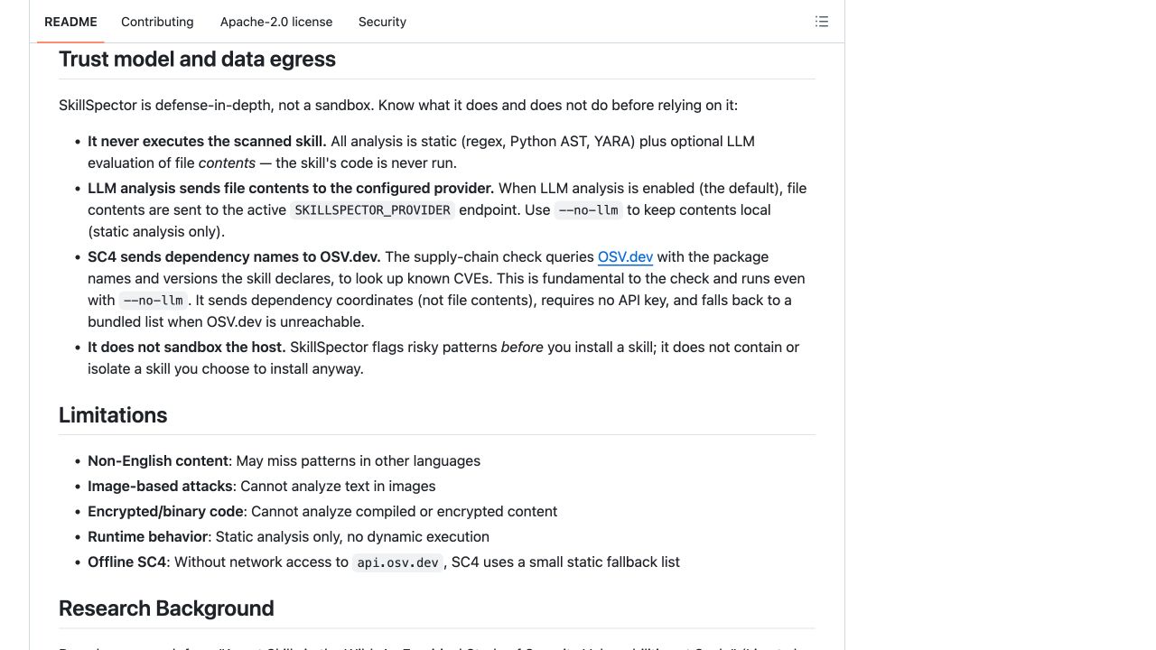 SkillSpector 官方 README 对执行边界与数据外发的说明