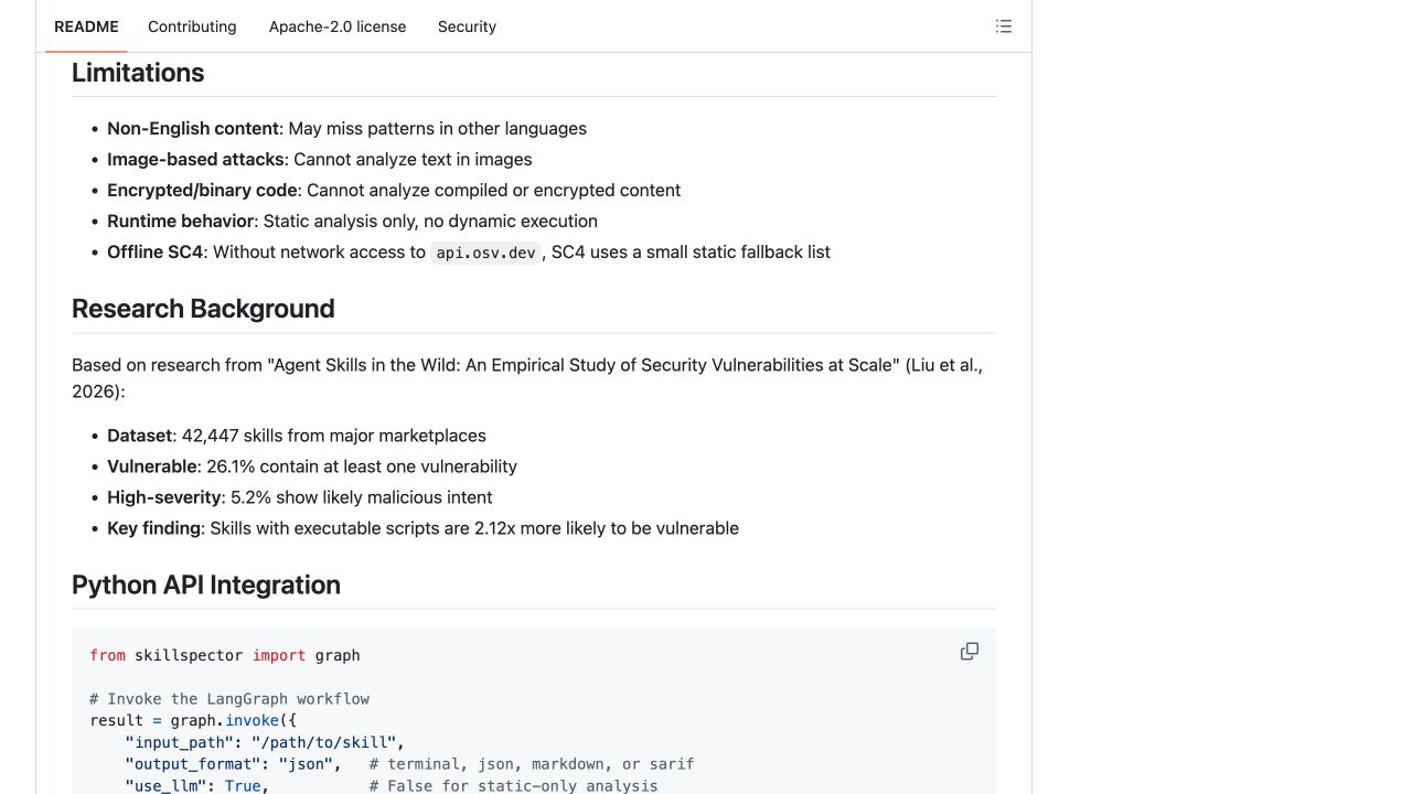SkillSpector 官方 README 列出的检测限制