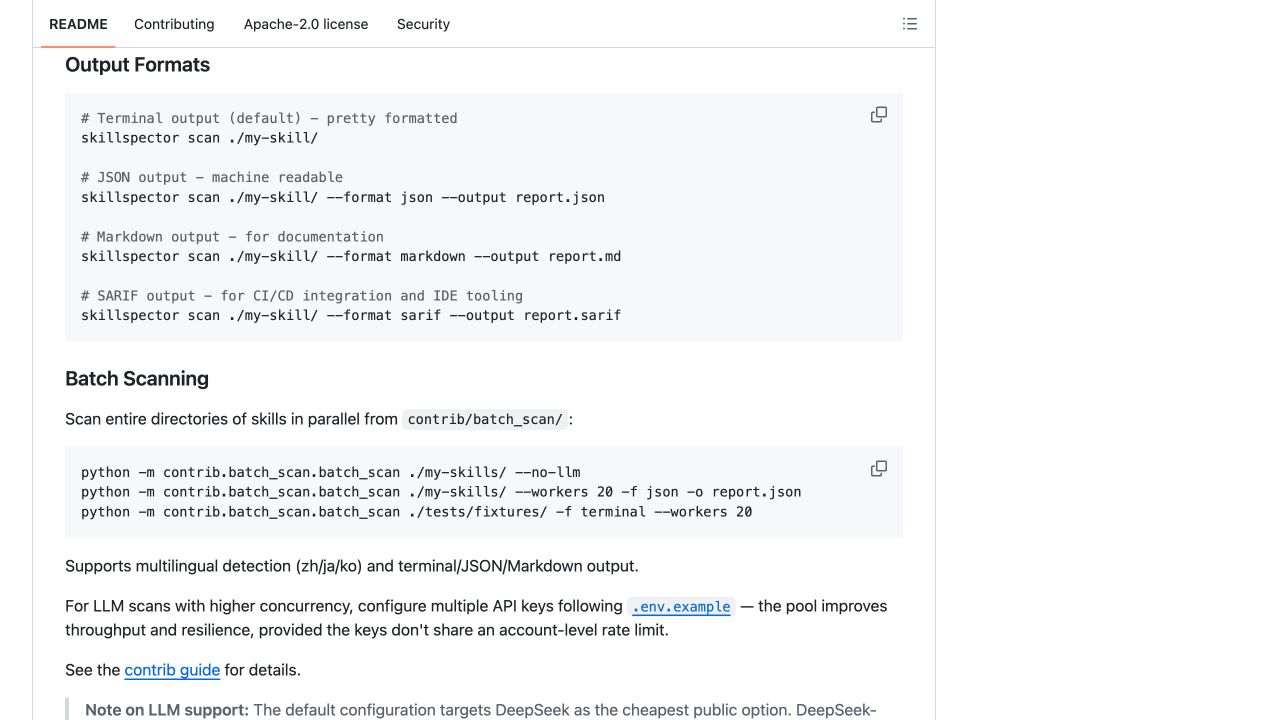 SkillSpector 官方 README 中的报告格式和批量扫描说明