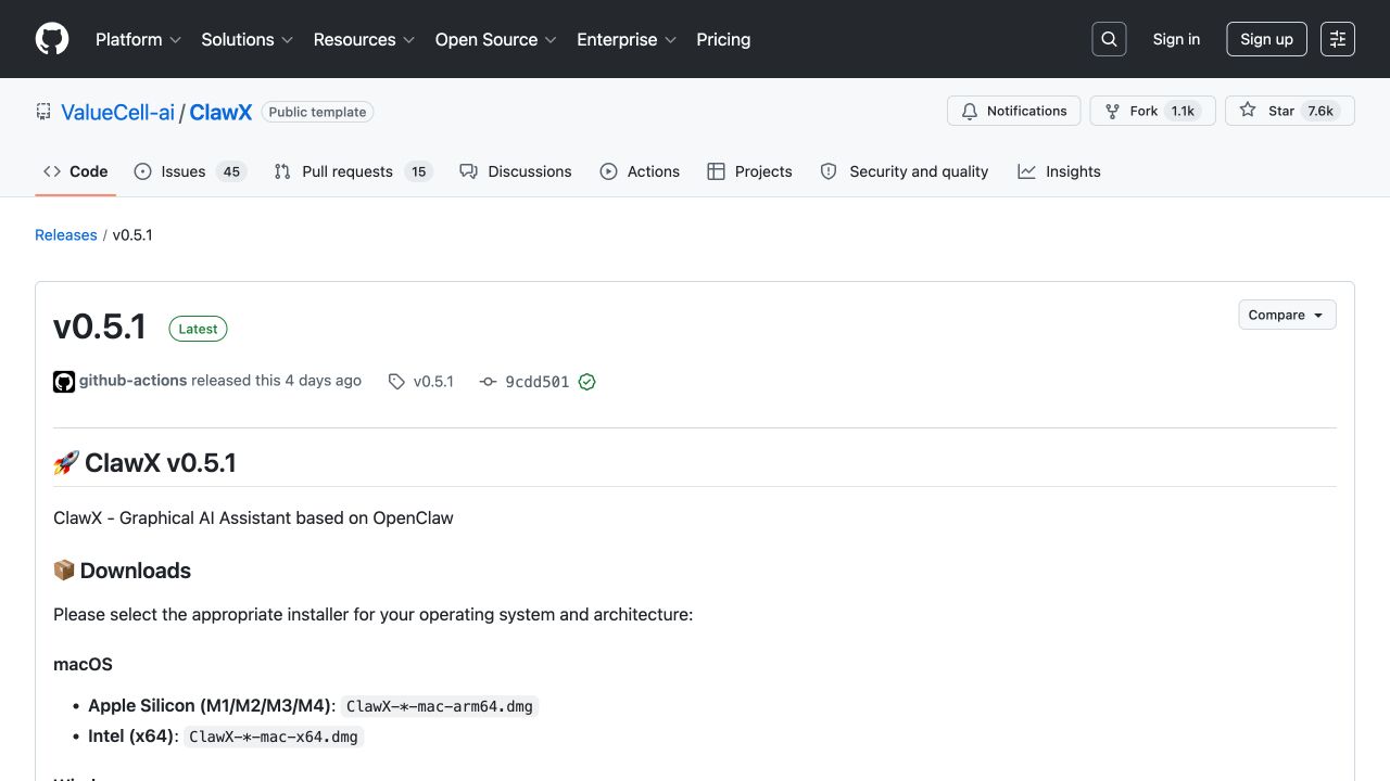 ClawX 官方 GitHub v0.5.1 发布页与 macOS 安装包说明