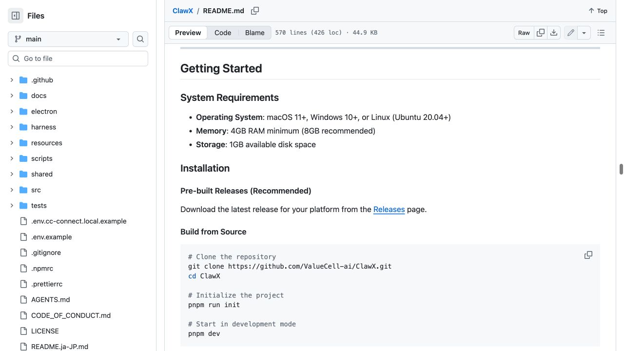 ClawX 官方 README 展示系统要求与推荐安装方式