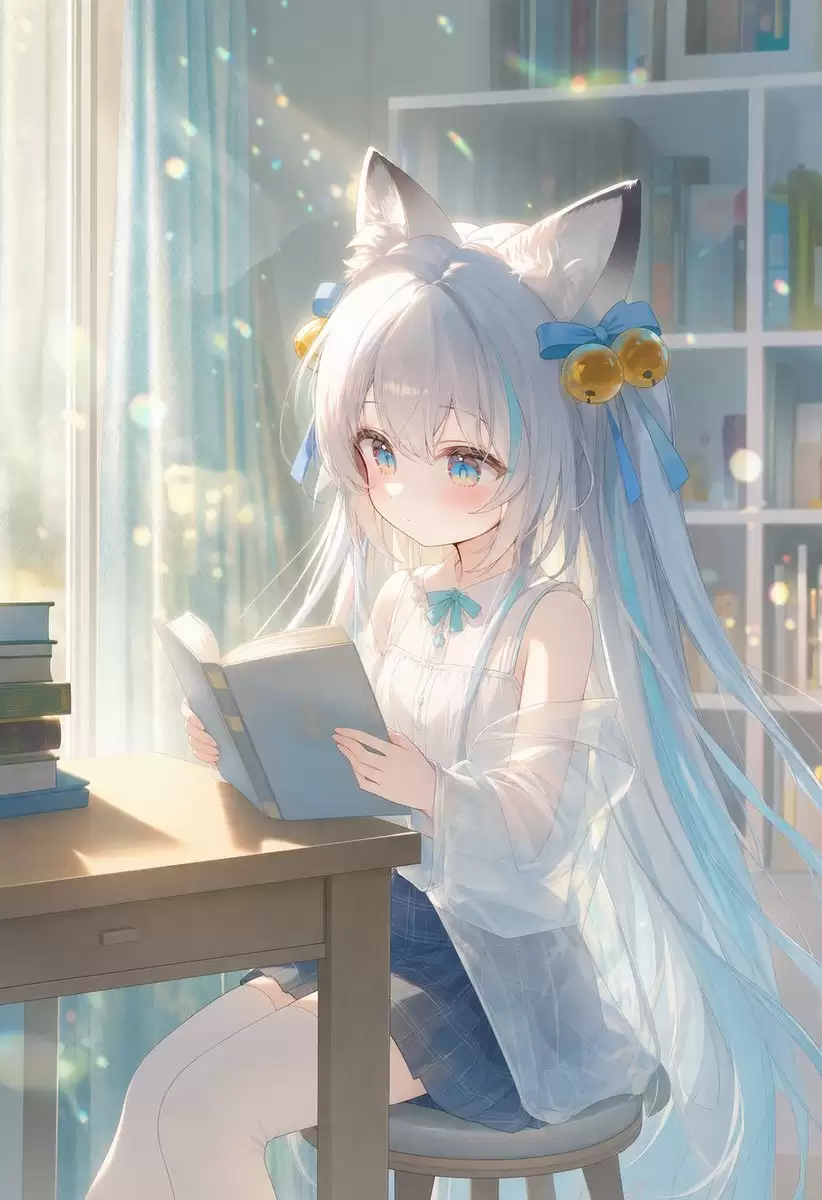 阳光下阅读的猫耳少女