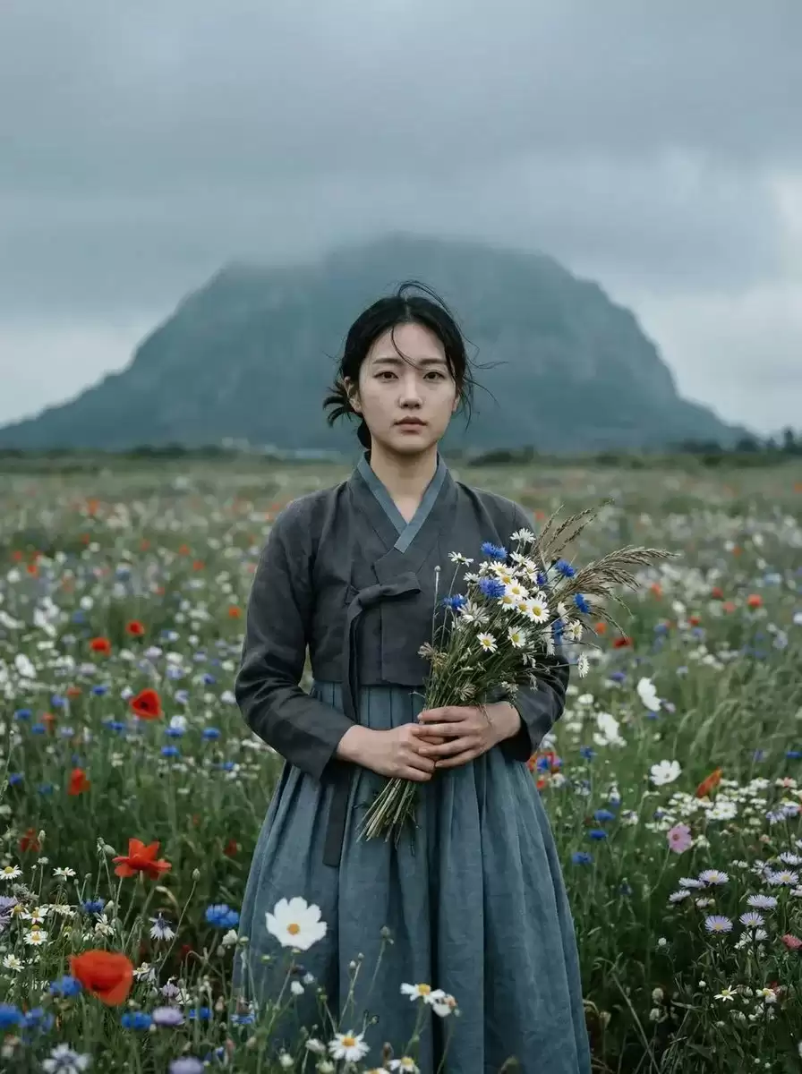 野花草甸间的传统韩服肖像