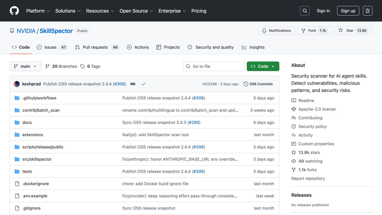 NVIDIA SkillSpector 官方 GitHub 仓库页面