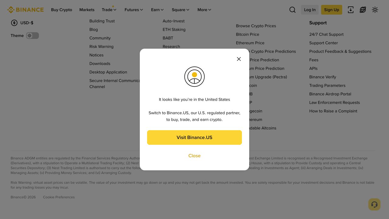 币安官网对美国访问者显示切换至 Binance.US 的地区提示