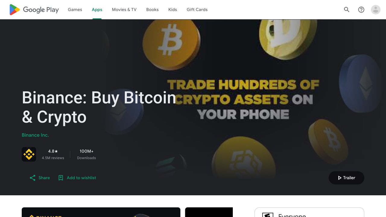 Google Play中的Binance应用详情页与开发者Binance Inc.