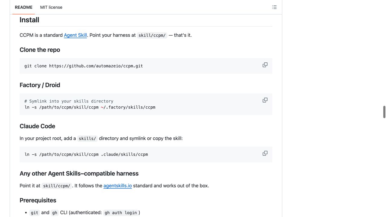 ccpm 官方 README 的安装段，包含 HTTPS 克隆命令和 Claude Code 的 Skill 目录